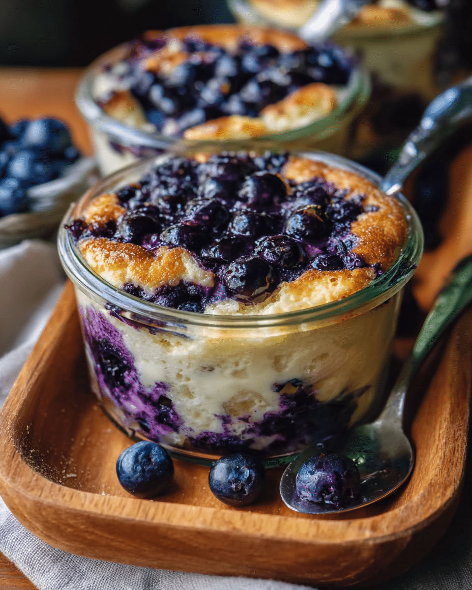 Baked blueberry cottage cheese breakfast bowl on wooden table