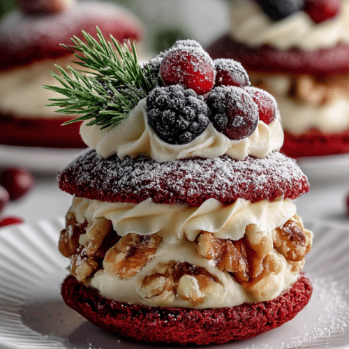 Stack of red velvet wreath whoopie pies with festive toppings