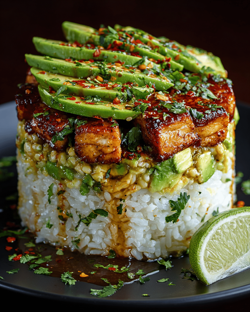 Honey lime chicken avocado rice stack plated with lime, cilantro, and chili flakes.
