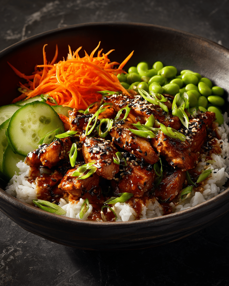 Sesame ginger chicken bowl with glossy sauce, jasmine rice, and fresh vegetables in a ceramic bowl