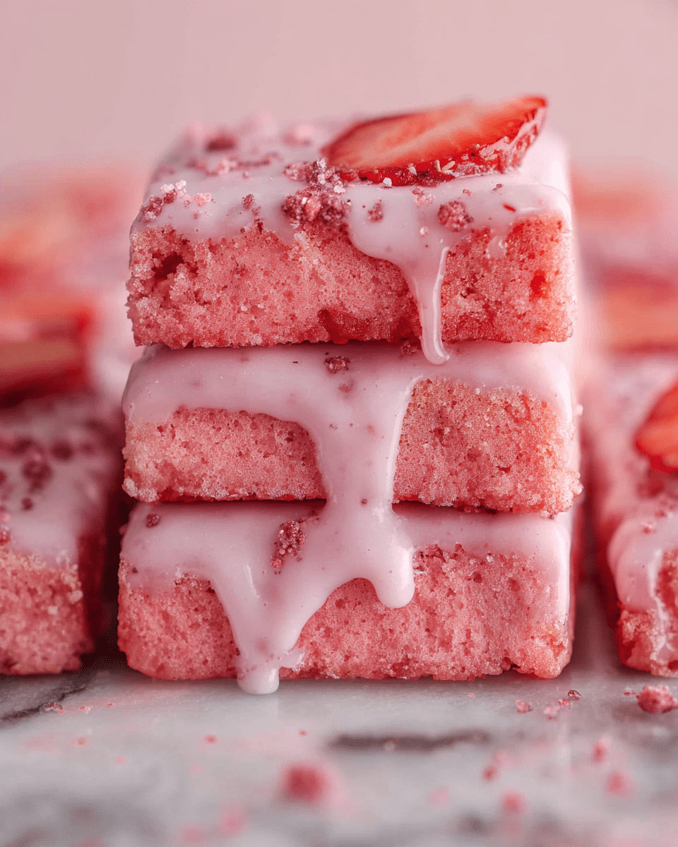 Strawberry brownies recipe showing fully pink fudgy brownie squares with glossy pink glaze