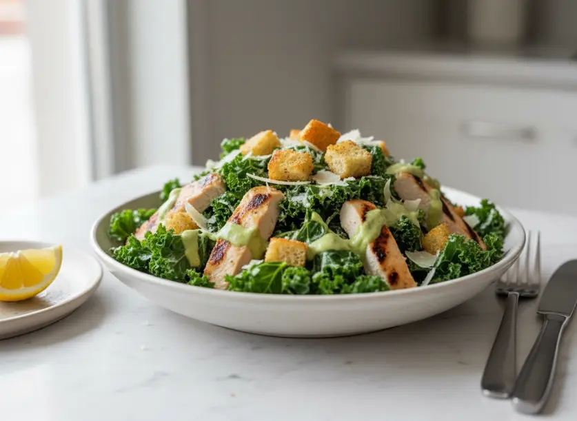 A hearty Kale Caesar salad with grilled chicken, showcasing tender kale, crispy croutons, and creamy dressing, presented as a full meal.