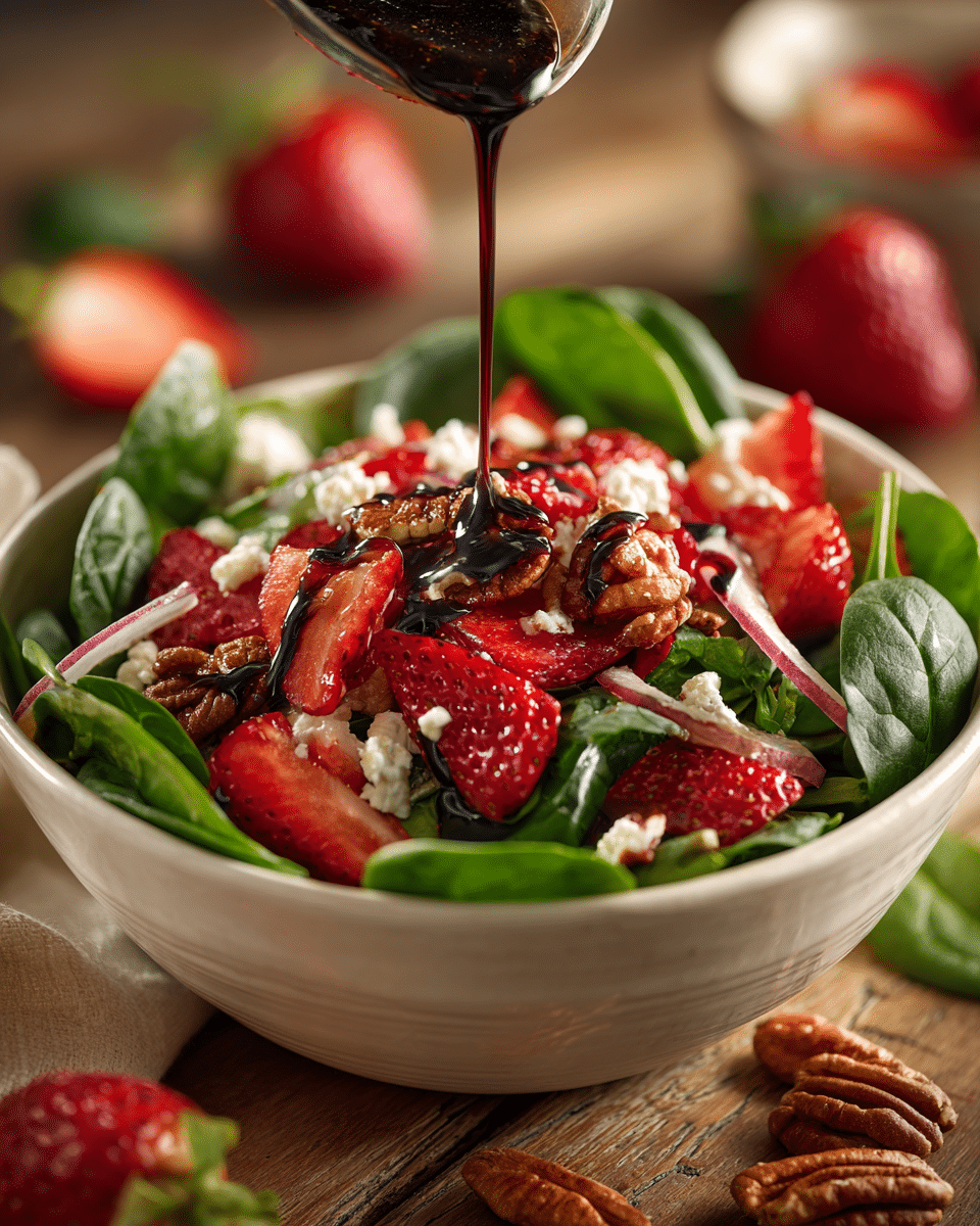 Strawberry spinach salad with candied pecans and feta in a white ceramic bowl